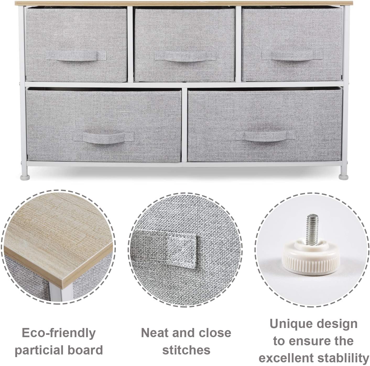 Wide Drawer Dresser Storage Organizer - CERBIOR 5-Drawer Closet Shelves, Sturdy Steel Frame Wood Top with Easy Pull Fabric Bins for Clothing, Blankets- Grey